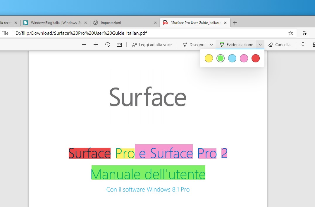 Microsoft Edge evidenziatore nel lettore PDF