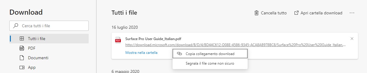 Microsoft Edge segnalazione file scaricati