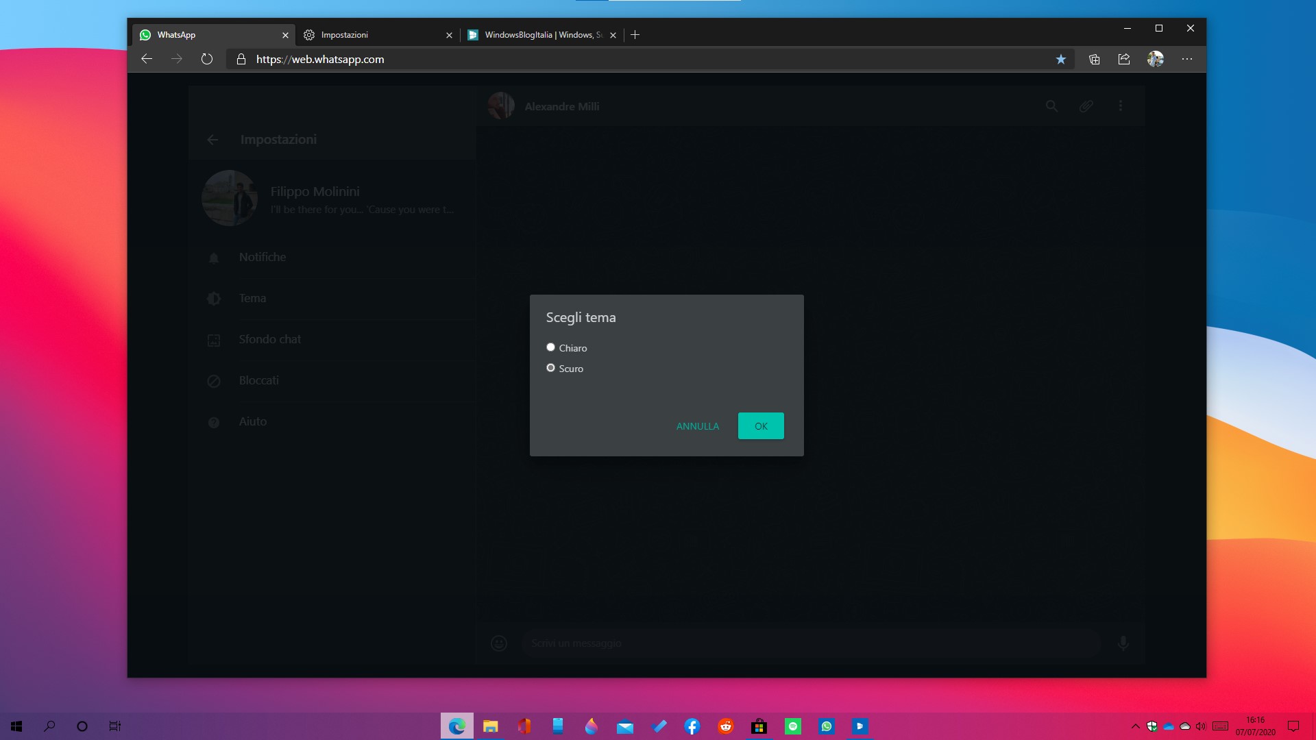 WhatsApp Web su Windows con tema scuro