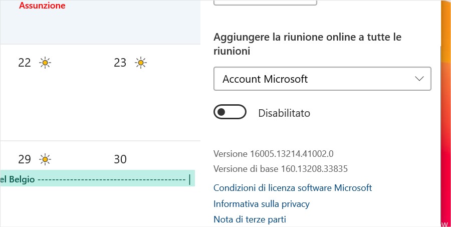 Anteprima Calendario per Windows 10 nuova impostazione per riunioni online