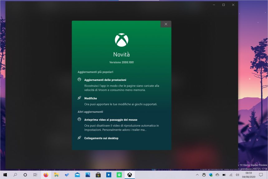 App Xbox per Windows 10 nuova finestra delle novita