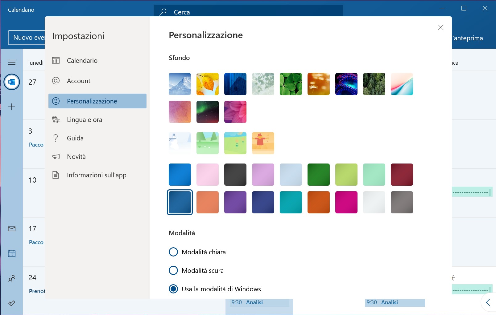 Calendario per Windows 10 nuova sezione impostazioni