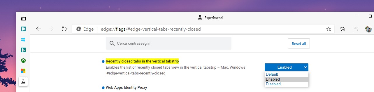 Microsoft Edge flag per abilitare le schede verticali