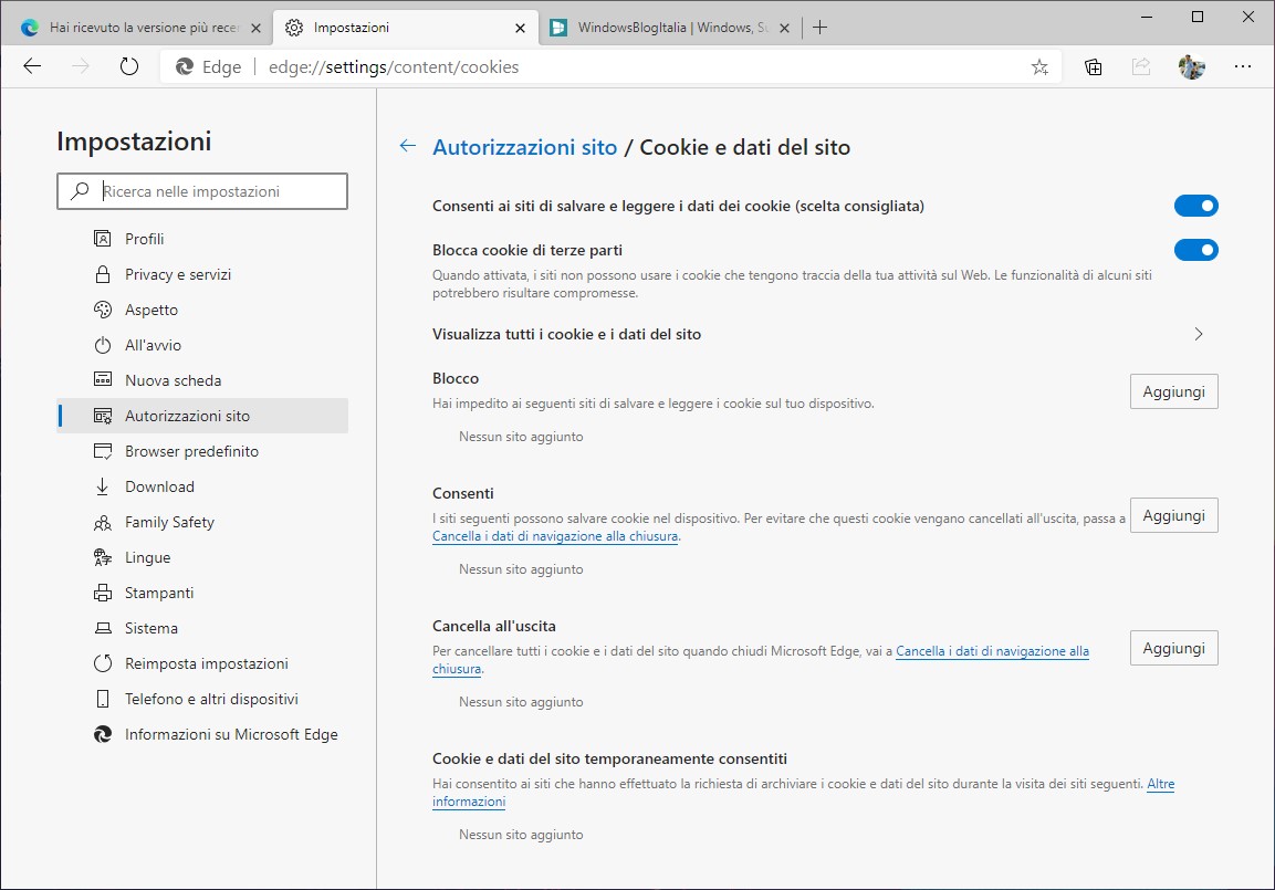 Microsoft Edge gestione cookie e API Storage Access