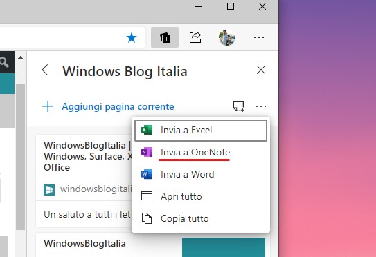 Microsoft Edge invio della raccolta a OneNote