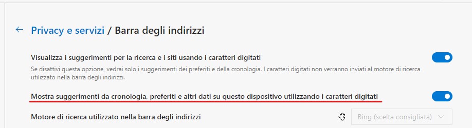 Microsoft Edge opzione per disattivare i suggerimenti nella barra degli indirizzi