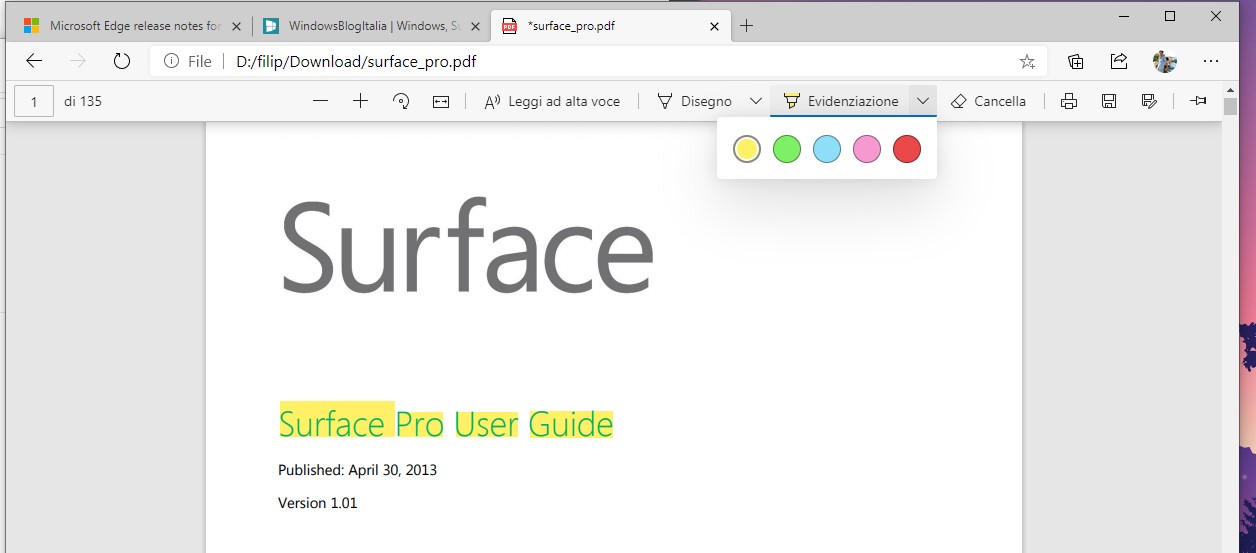 Microsoft Edge strumento evidenziatore nel lettore di file PDF