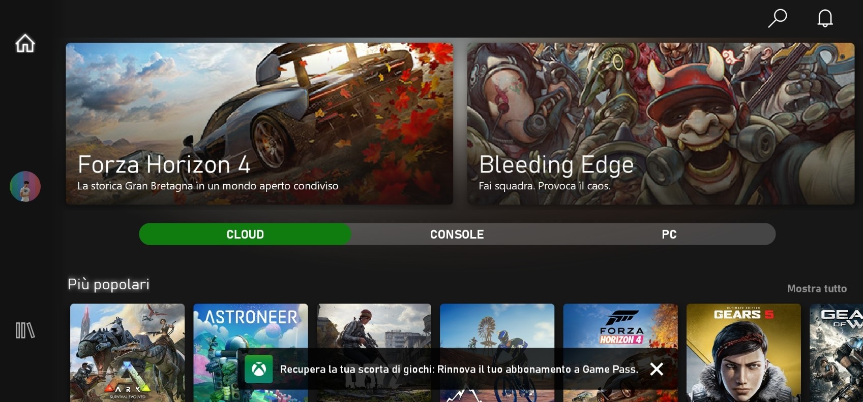 Xbox Game Pass (Beta) per Android con sezione Cloud