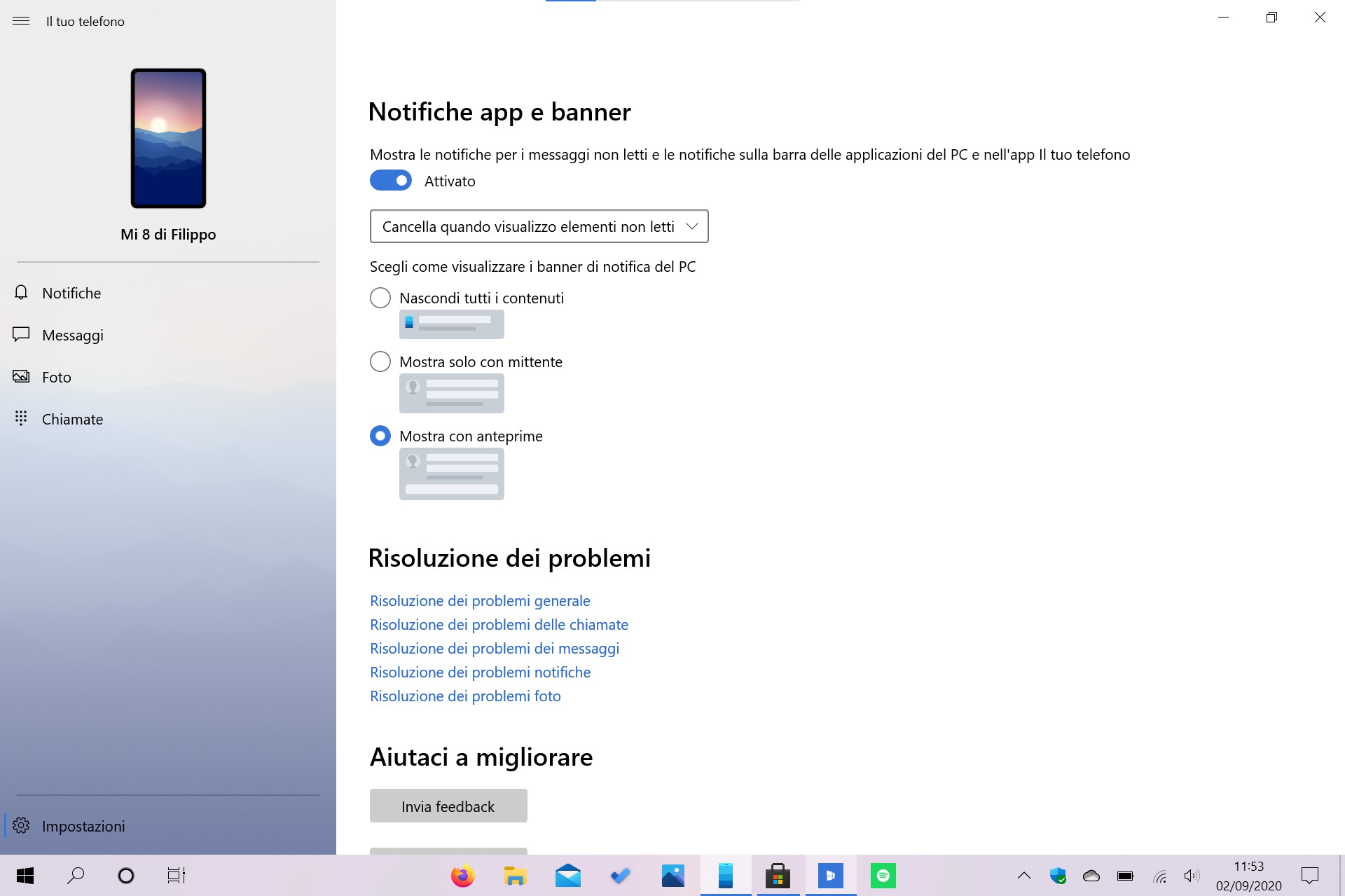 Il tuo telefono (Your Phone) per Windows 10 nuove opzioni di privacy per le notifiche