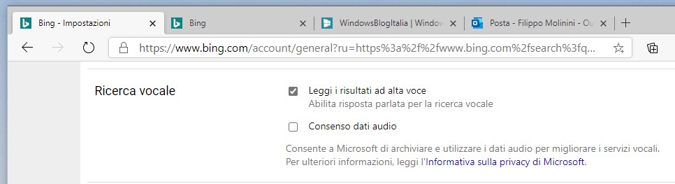 Impostazioni di ricerca vocale in Bing sul desktop