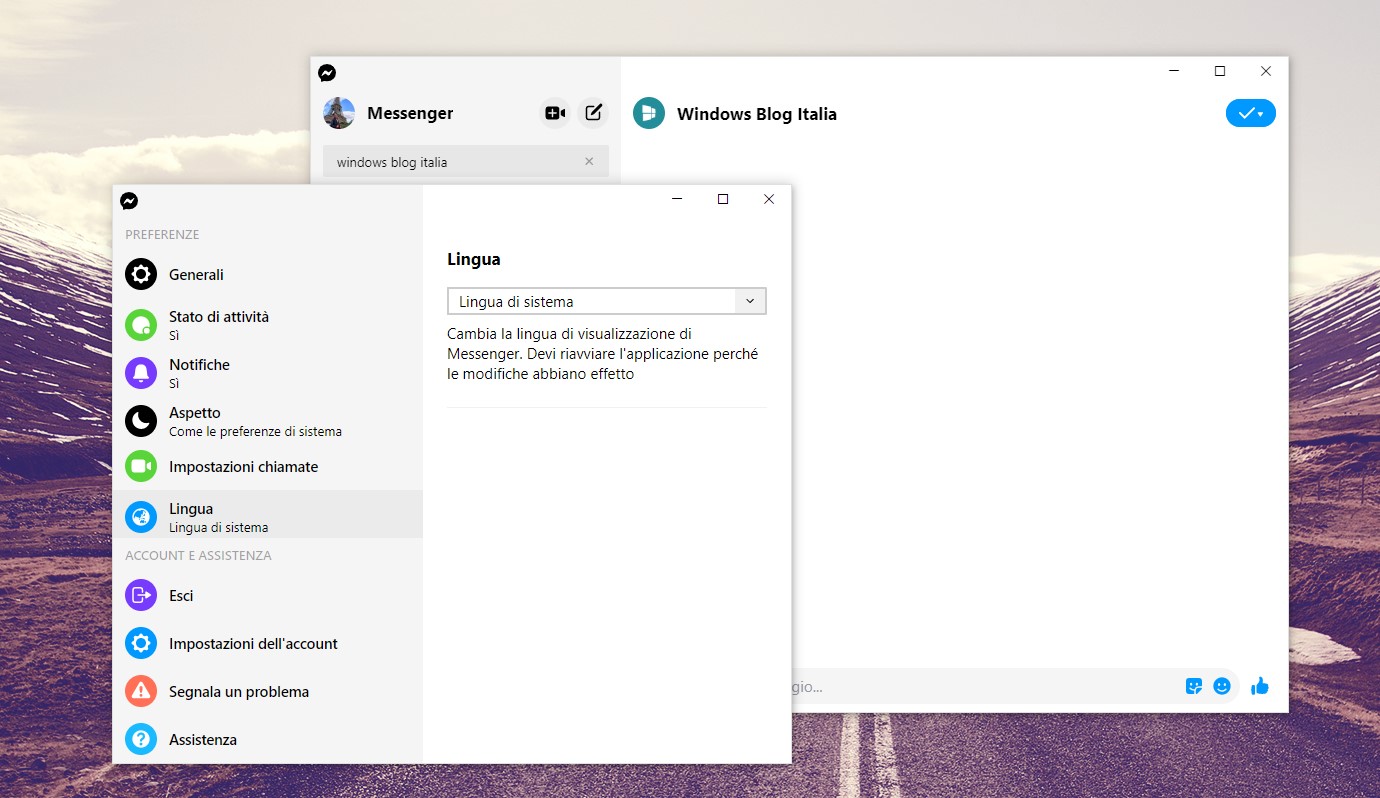 Messenger per Windows 10 selettore lingua