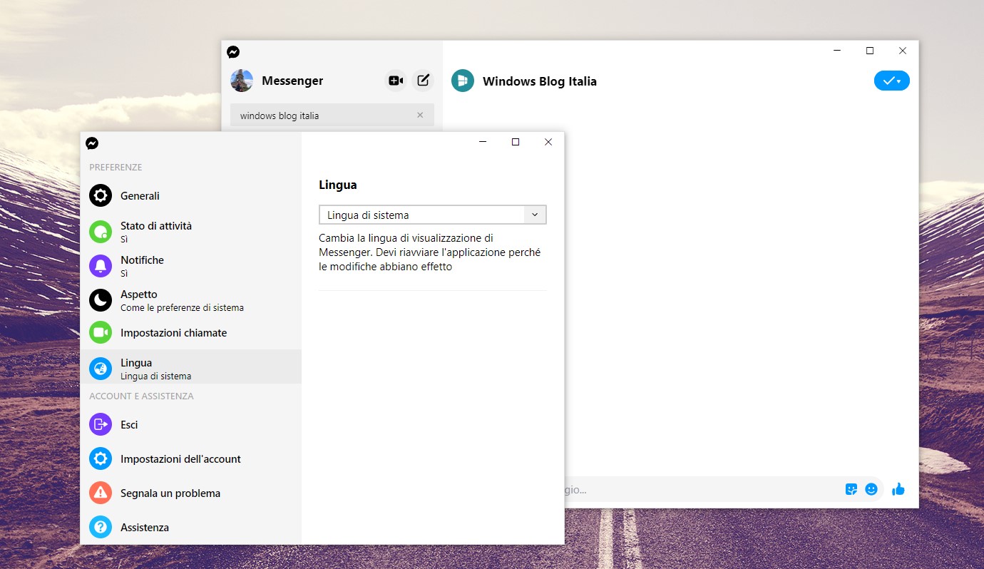 Messenger per Windows 10 selettore della lingua