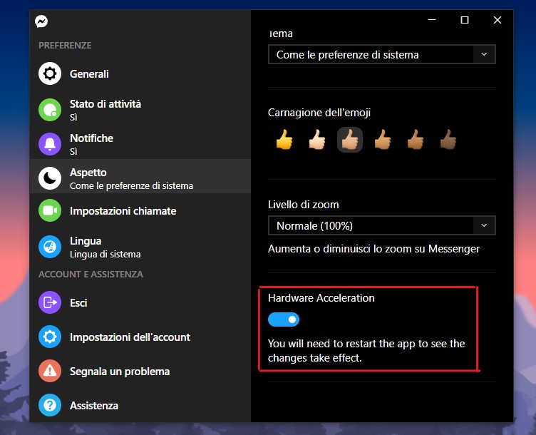 Messenger per Windows 10 settaggi per accelerazione hardware
