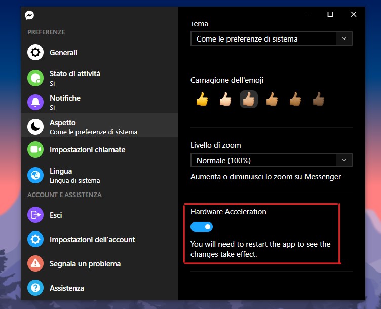Messenger per Windows 10 settaggi per accelerazione hardware