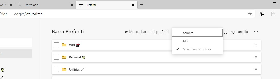 Microsoft Edge nuova opzione per la visualizzazione della barra dei preferiti nelle impostazioni di gestione dei preferiti