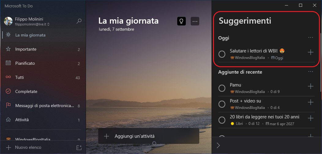 Microsoft To Do per Windows pannello Suggerimenti per La mia giornata migliorato