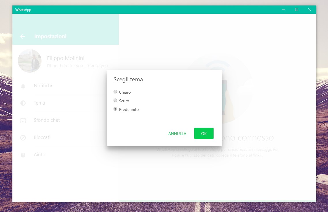 WhatsApp Desktop per Windows 10 opzione tema predefinito