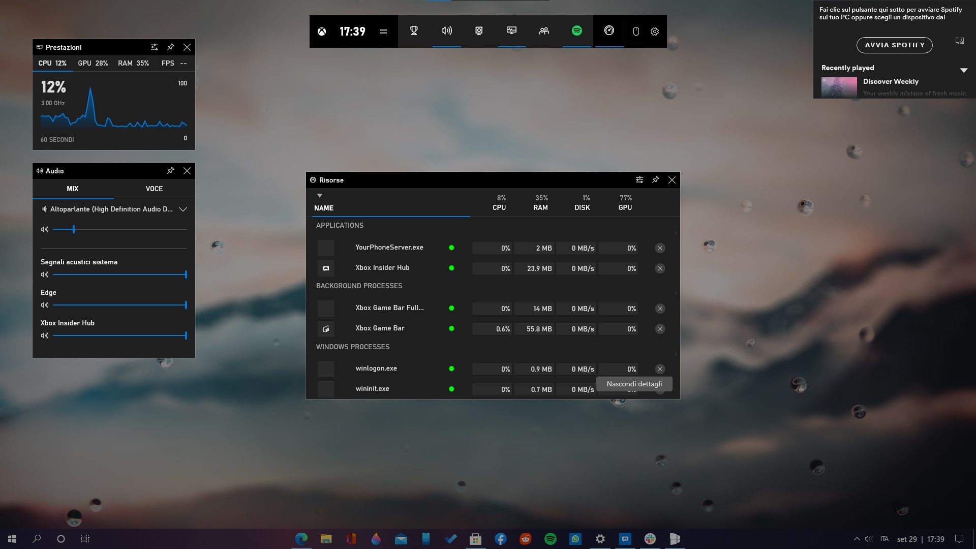 Widget Risorse dell'app Xbox Game Bar per Windows 10