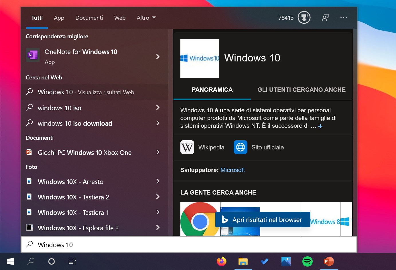 Windows 10 ricerca con tema scuro