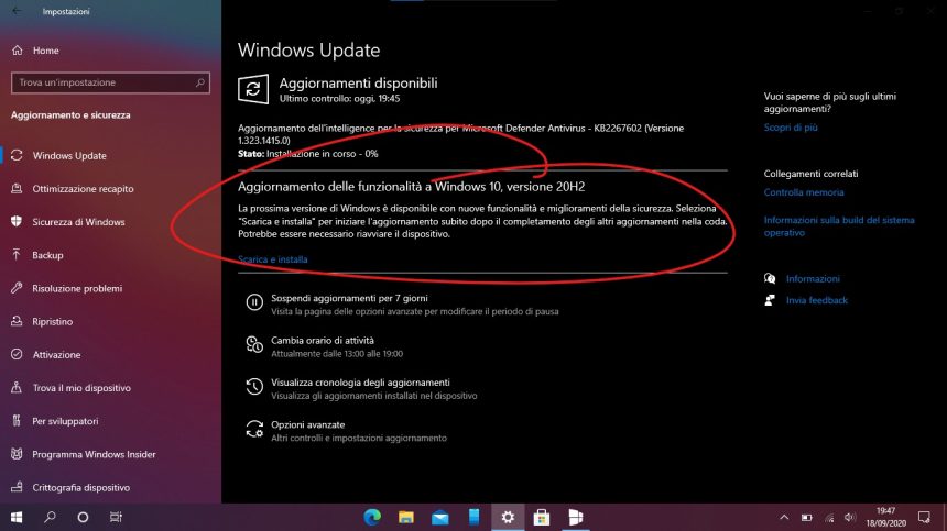 Windows Update per aggiornamento Windows 10 20H2 Release Preview