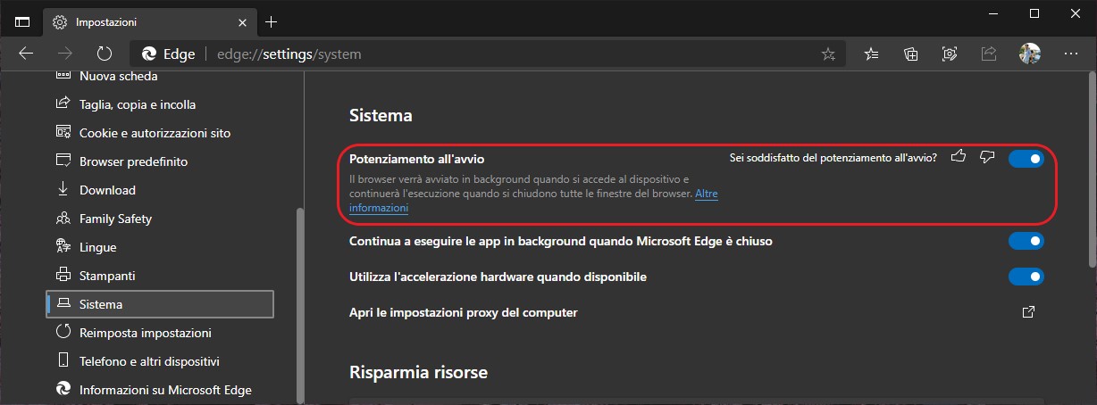 Microsoft Edge - Potenziamento all'avvio - Startup Boost