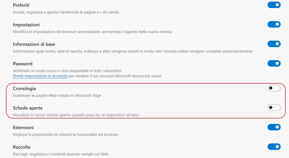 Microsoft Edge - Sincronizzazione di Cronologia e Schede aperte nelle impostazioni