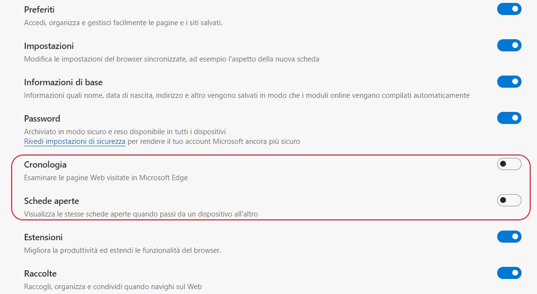 Microsoft Edge - Sincronizzazione di Cronologia e Schede aperte nelle impostazioni