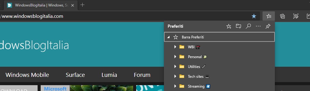 Microsoft Edge nuovo menu preferiti