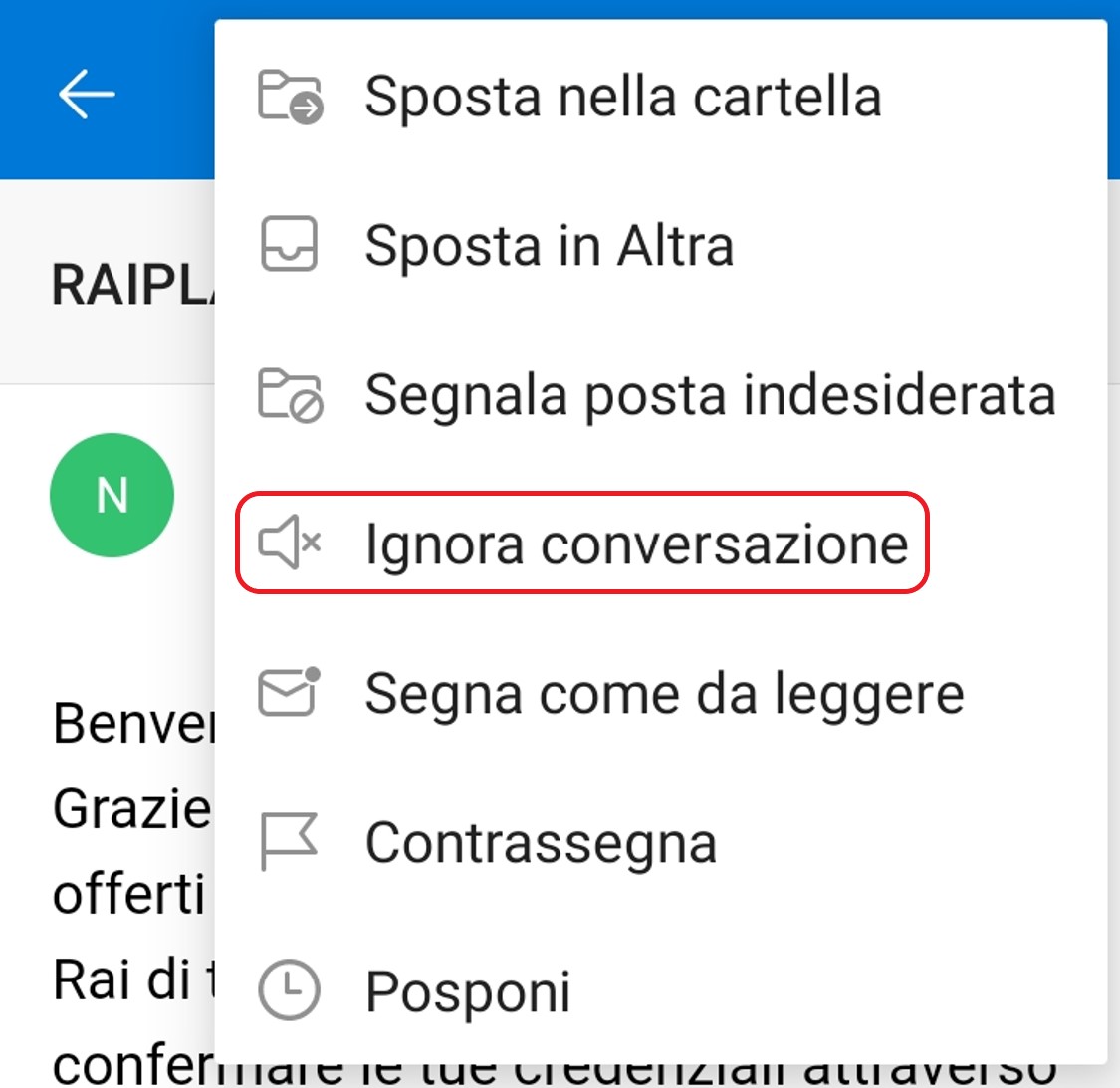 Microsoft Outlook - Funzione Ignora conversazione