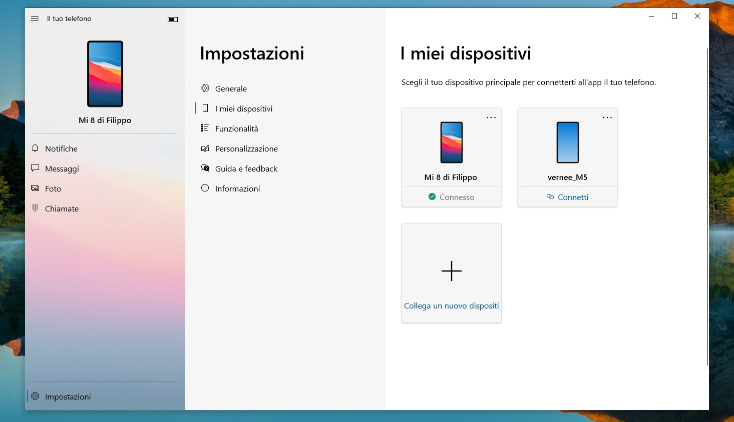 Nuova pagina di gestione dispotivi app Il tuo telefono - Your Phone - per Windows 10
