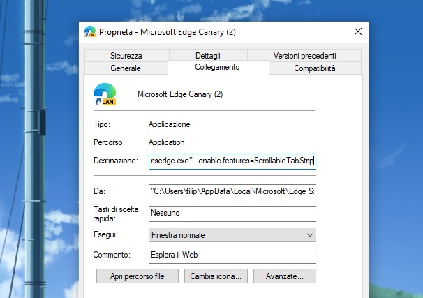 Opzioni per abilitare lo scorrimento orizzontale delle schede in Microsoft Edge Canary