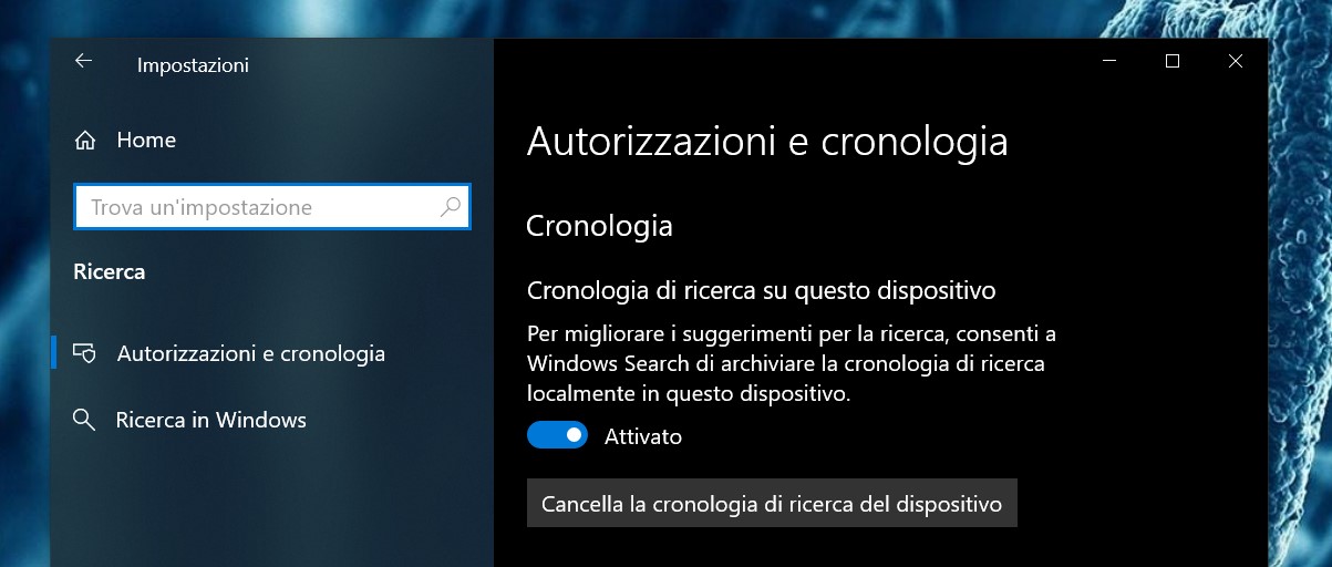 Ricerca Windows - Attivazione e disattivazione dell'elenco Recenti