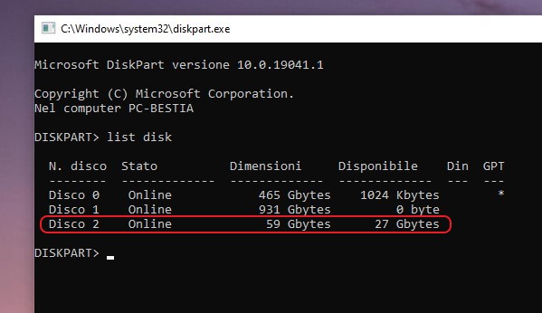 Strumento diskpart in Windows 10 - Elenco supporti di memoria collegati