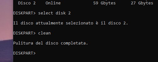 Strumento diskpart in Windows 10 - Selezione disco e pulizia delle partizioni