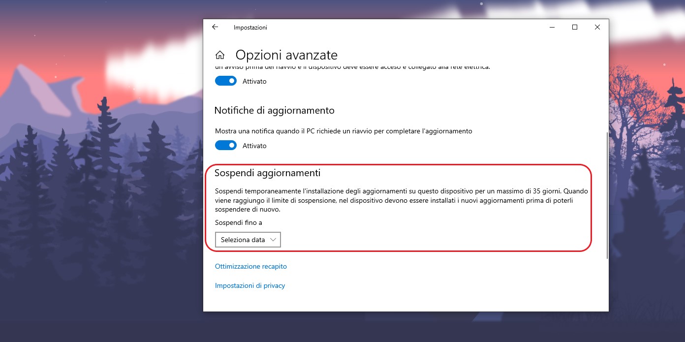 Windows 10 opzione sospendi aggiornamenti per Windows Update