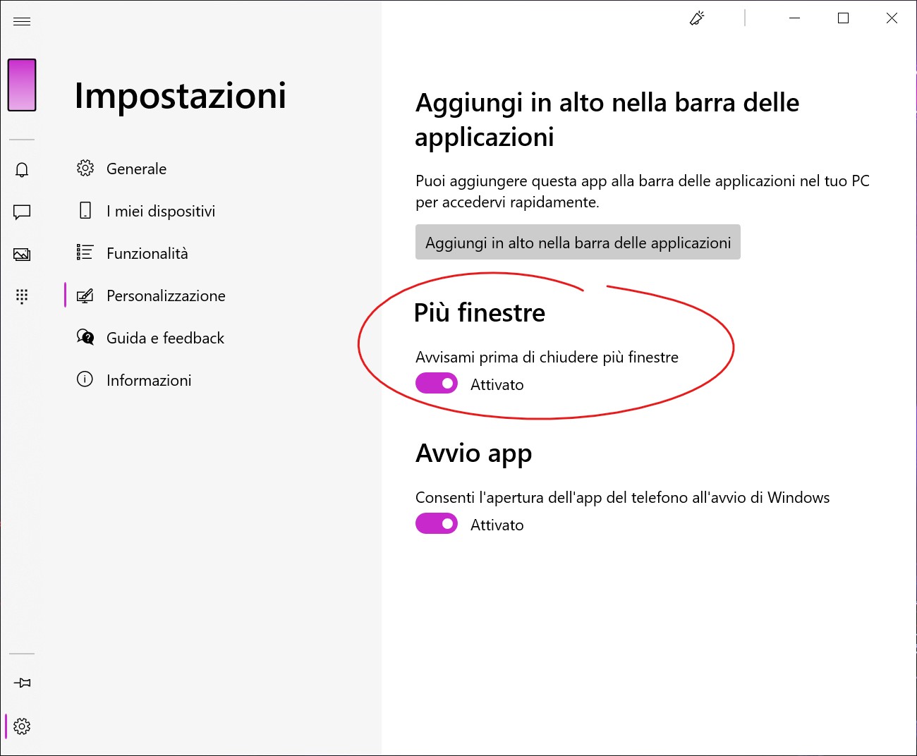 Il tuo telefono - Your Phone - Opzione piu finestre