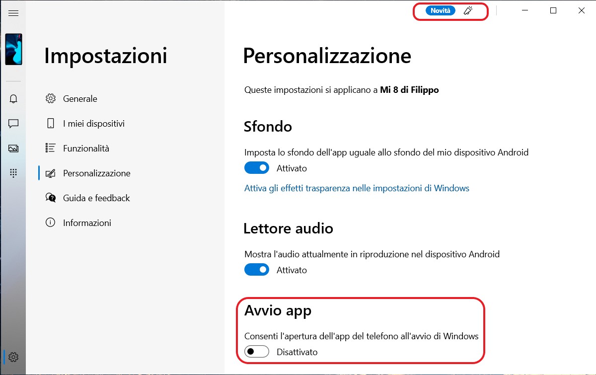 Il tuo telefono per Windows 10 - Avvio app all'accensione del PC e schermata novità