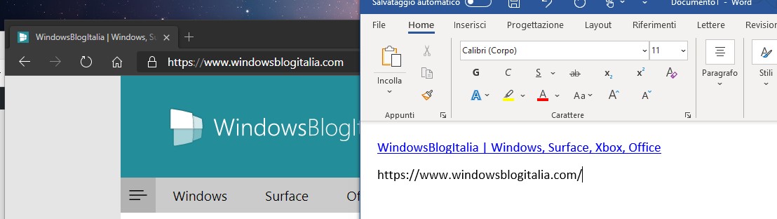 Microsoft Edge - Differenze nel copia e incolla dei link