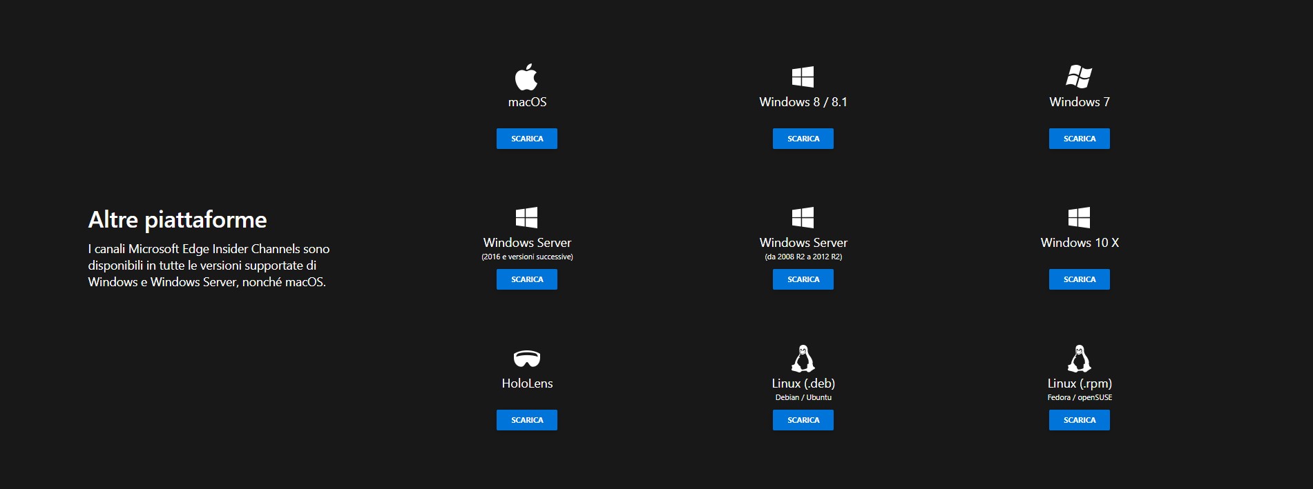 Microsoft Edge Insider Channels - Tutte le piattaforme supportate