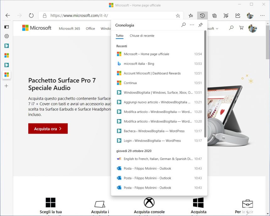 Microsoft Edge - Nuovo pannello per la cronologia