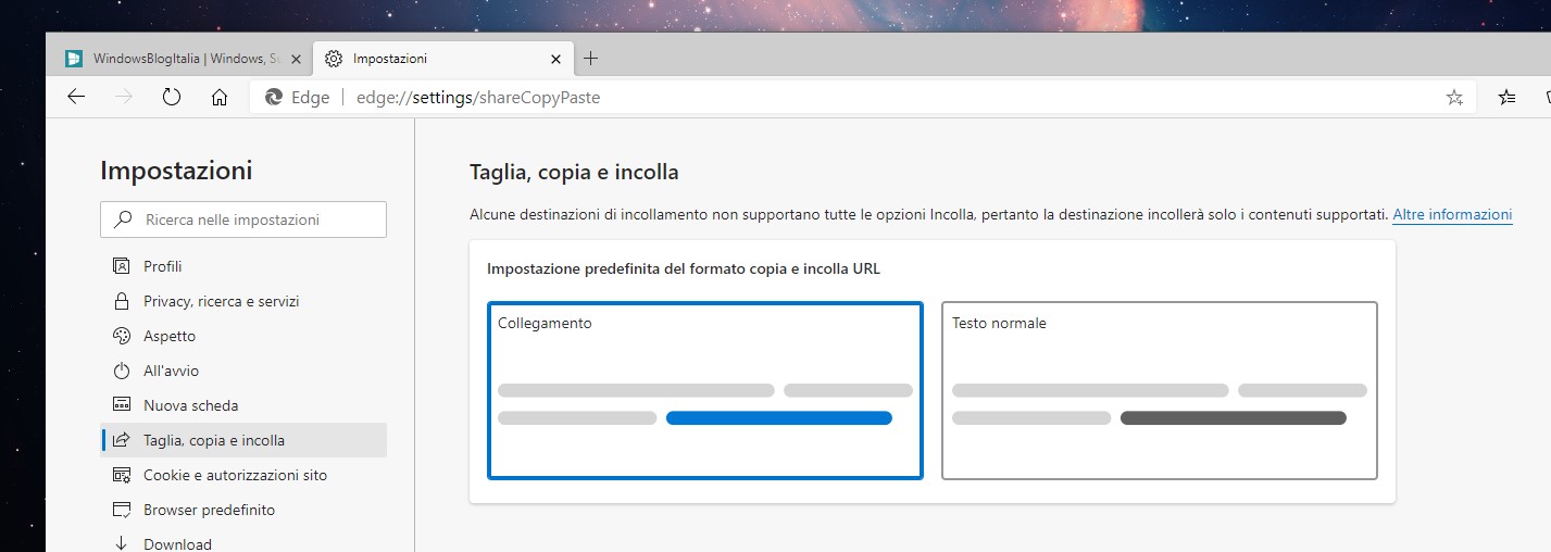 Microsoft Edge - Opzioni di taglia, copia e incolla