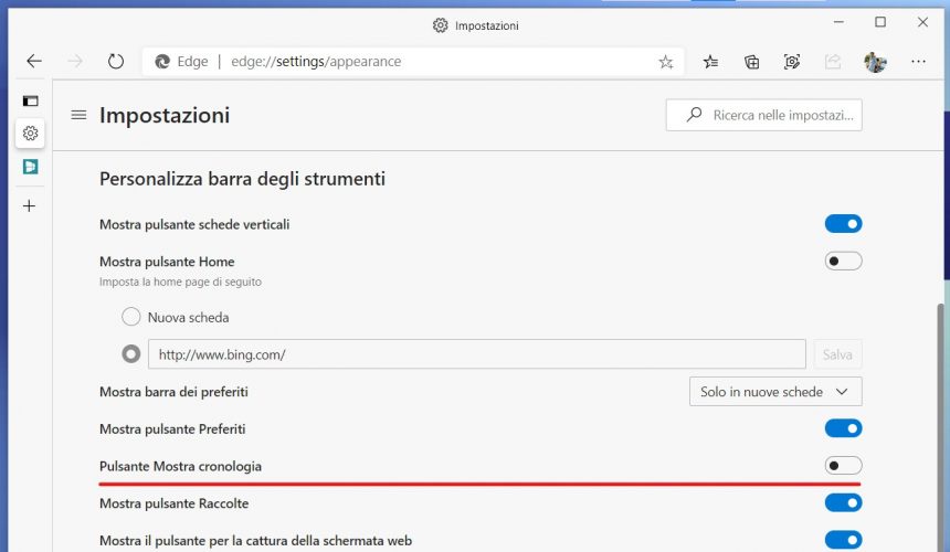 Microsoft Edge - Pulsante Mostra cronologia