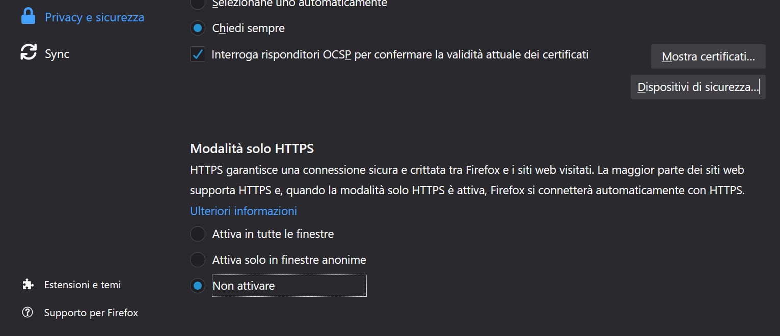 Mozilla Firefox - Modalità solo HTTPS