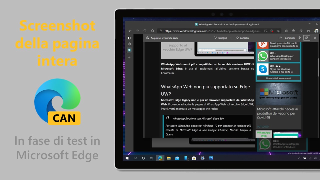 Screenshot della pagina web intera - In fase di test in Microsoft Edge Canary