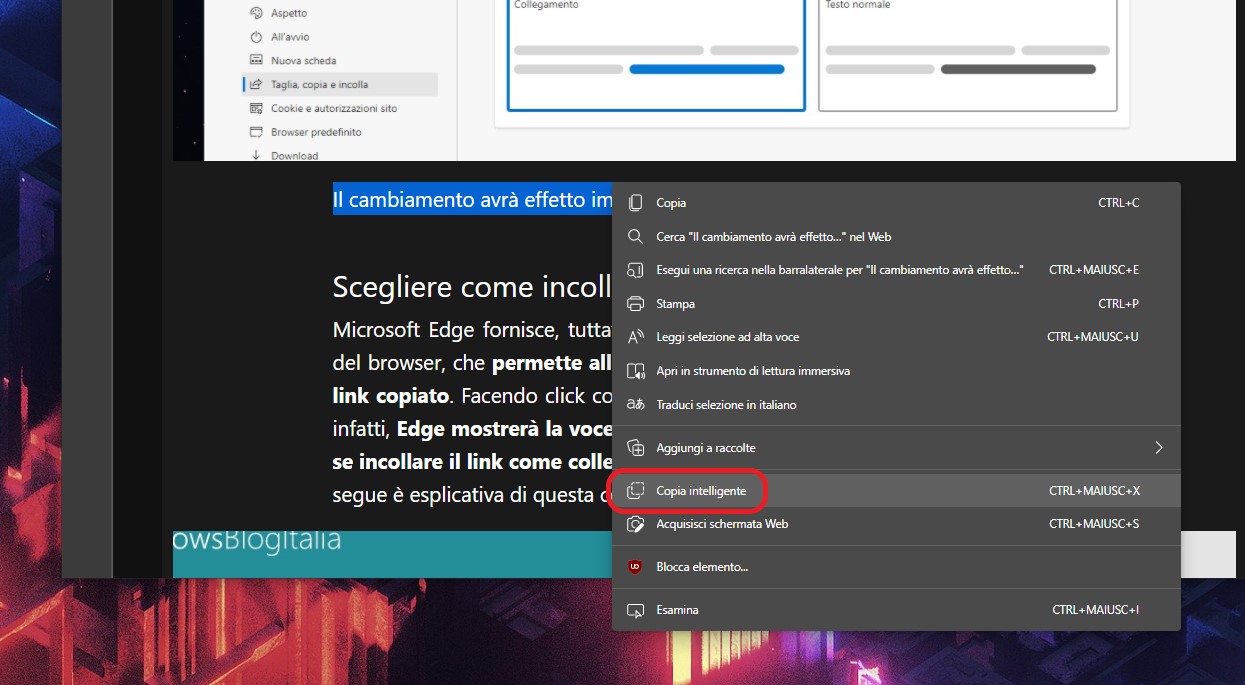 Voce Copia intelligente in Microsoft Edge