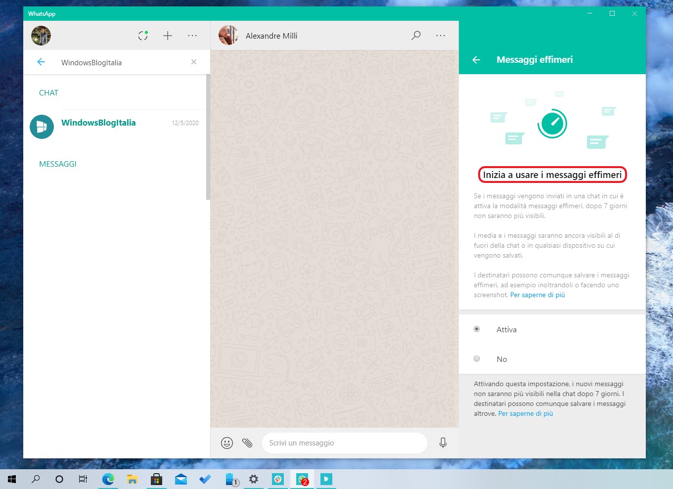 WhatsApp Desktop - Messaggi effimeri