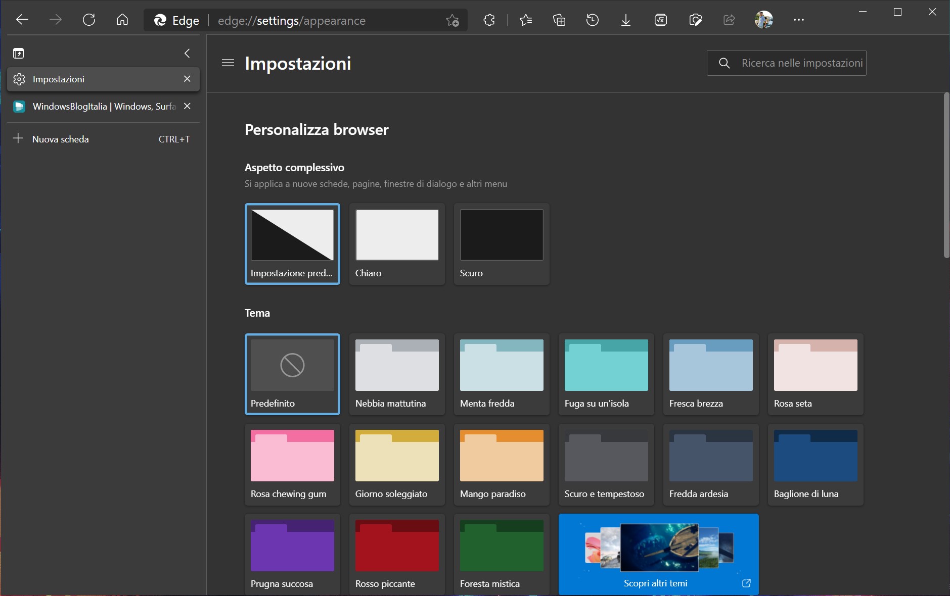 Microsoft Edge - Impostazioni aspetto - Temi colorati