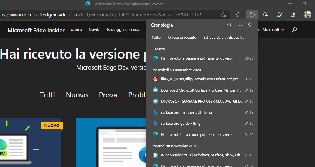 Microsoft Edge - Nuova esperienza cronologia