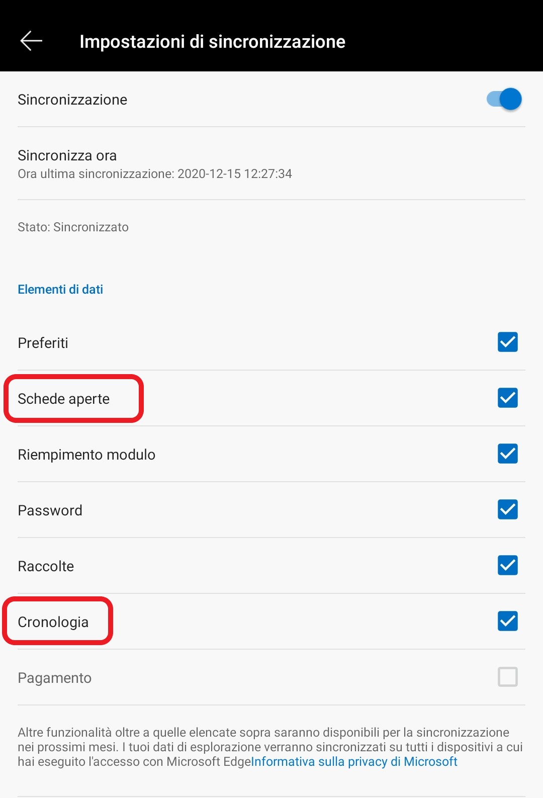 Microsoft Edge per smartphone - Sincronizzazione di cronologia e schede aperte