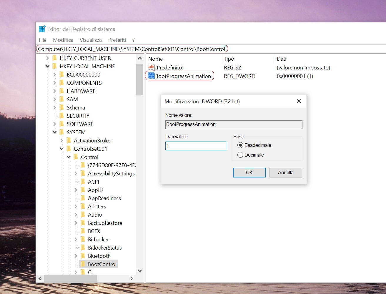 Editor del Registro di sistema di Windows 10 - Abilitare la nuova animazione di boot